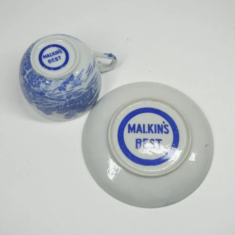Malkin's Best Tea Cup & Saucer White Blue Porcelain Teacup Vintage